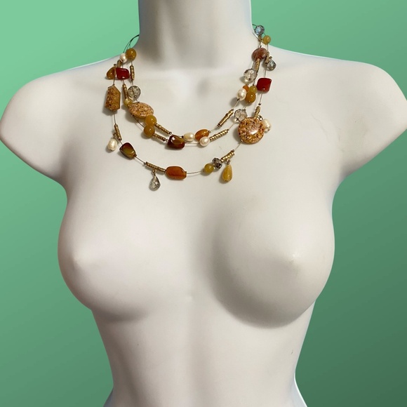 CHICO'S Triple Strand Glass Stone Natural Pearl Beads Layered Necklace - Picture 1 of 8
